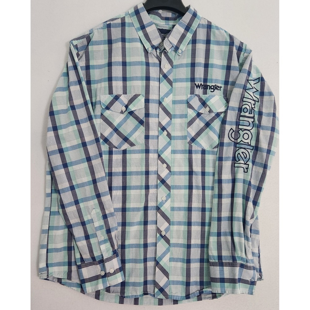 Wrangler XL Shirt Mens Button Up Blue Plaid Green Large Logo Embroidered Design